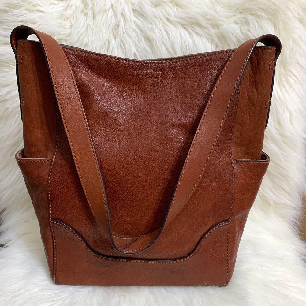 FRYE Vintage Deep Cognac Brown Leather Bucket Hobo Shoulder Bag - Picture 15 of 16